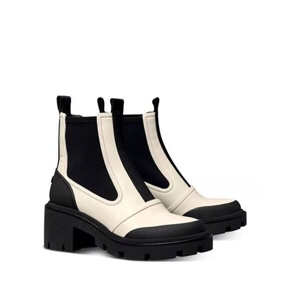Tory Burch Women's White Black Chelsea Lug Leather Waterproof Bootie Boots Size - Picture 3 of 9